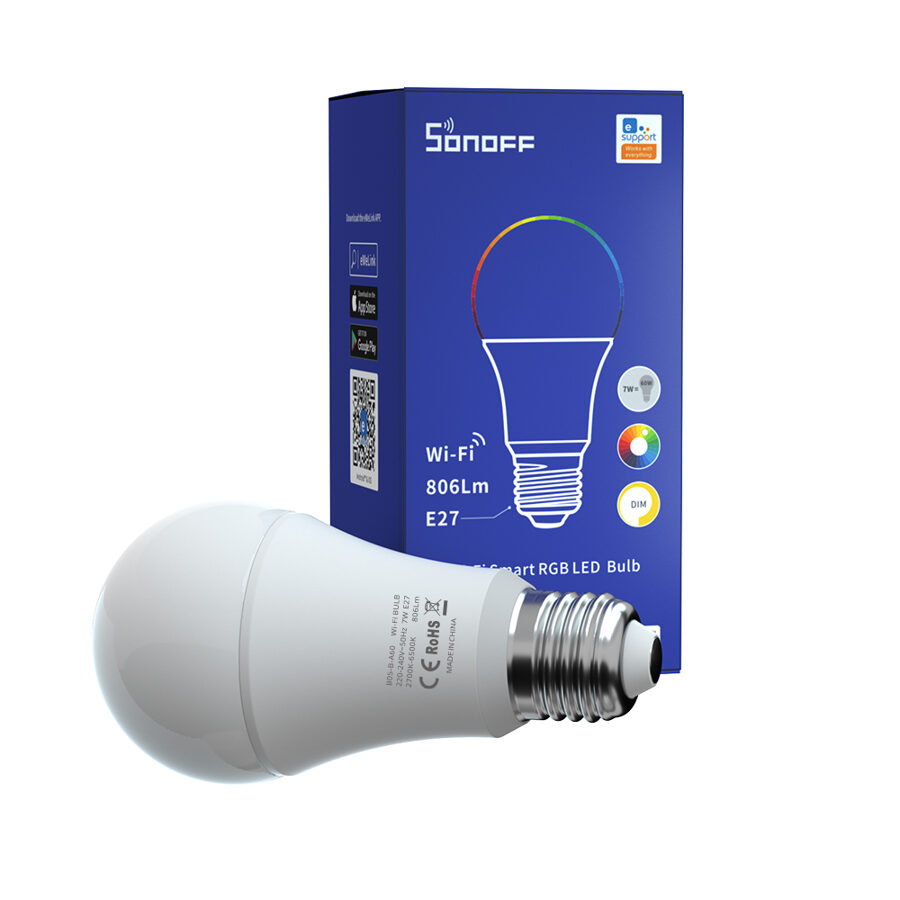 Sonoff Viedā RGB LED Spuldze B05-B-A60 - Dimējama, E27, Wi-Fi, 806Lm, 2700K-6500K, 9W