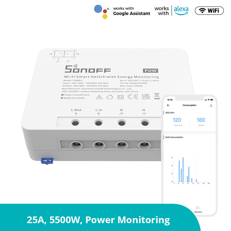 Sonoff POW R3, Wi-Fi Augstas jaudas gudrais slēdzis 25A/5500W, elektroenerģijas skaitītājs, reālā laika patēriņa monitorings